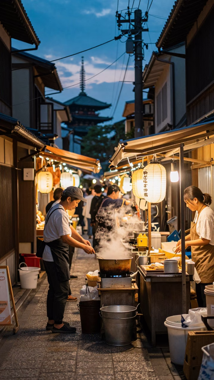 Busy Kyoto Street Stall at Twilight with Metal Bucket and Utensil Crock in in Kyoto, Japan