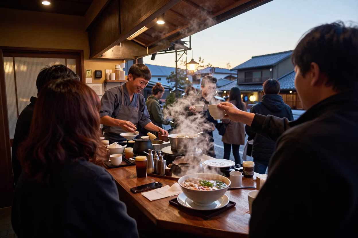 Busy Kyoto Street Vendor Nautical Dawn Morning Coffee Shop Interior in in Kyoto, Japan