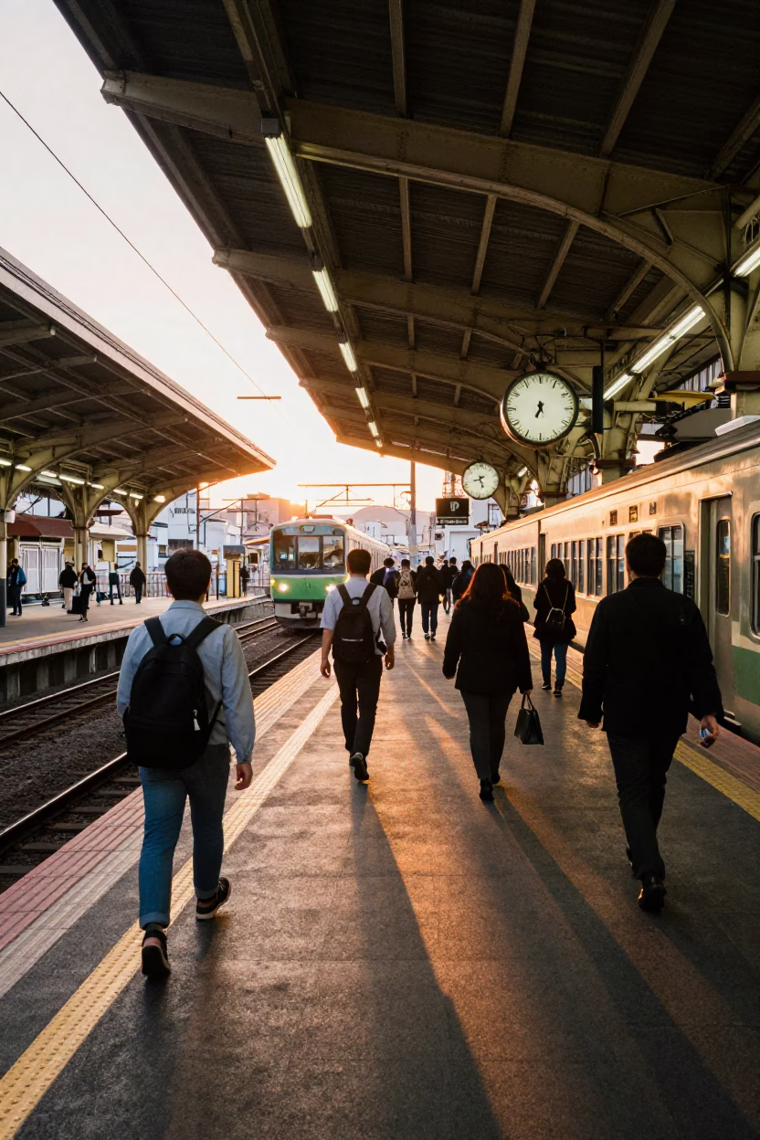 Busy Kyoto Train Station Sunset Scene with Vaulted Iron Roof and Clock in in Kyoto, Japan
