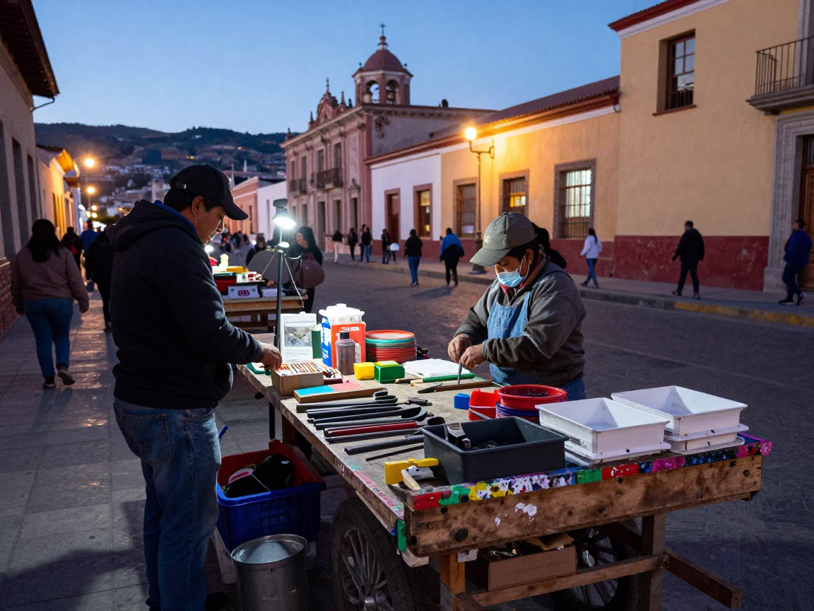 Busy La Paz Bolivia Evening Street Market Stall with Paint Flecks and Storage Tin in in La Paz, Bolivia