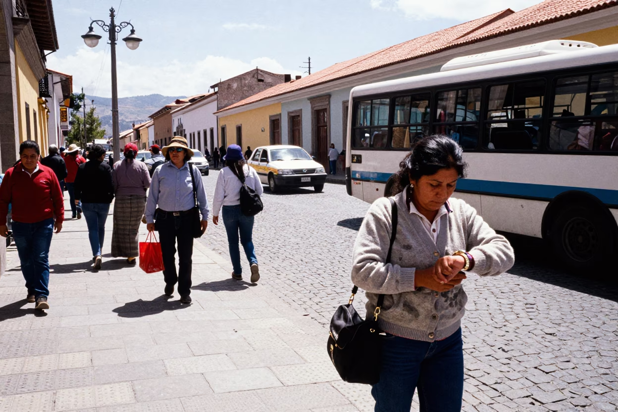 Busy La Paz Bolivia Noon Street Scene with Commuters and Cardigans Under Flat Sunlight in in La Paz, Bolivia