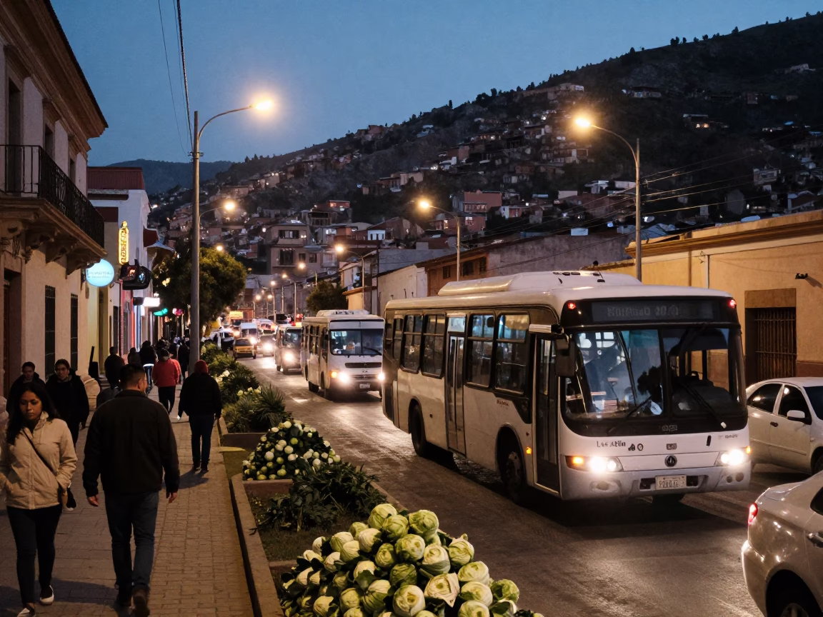 Busy La Paz Bolivia Predawn Street Scene with Bus and Cabbages in in La Paz, Bolivia