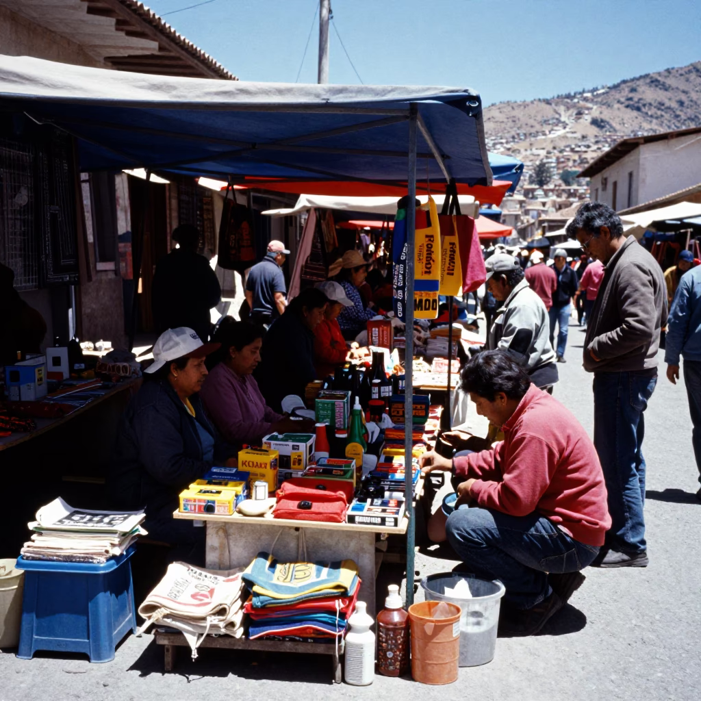 Busy La Paz Bolivia Street Market Stall Under Flat Noon Glare with Enamel Bowls in in La Paz, Bolivia