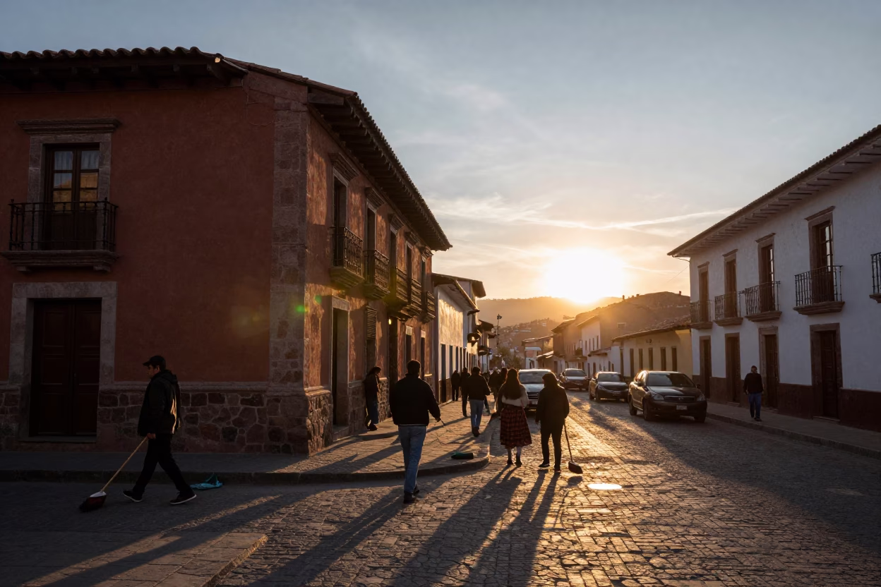 Busy La Paz Bolivia street scene at sunset with hand broom and local vendors in in La Paz, Bolivia