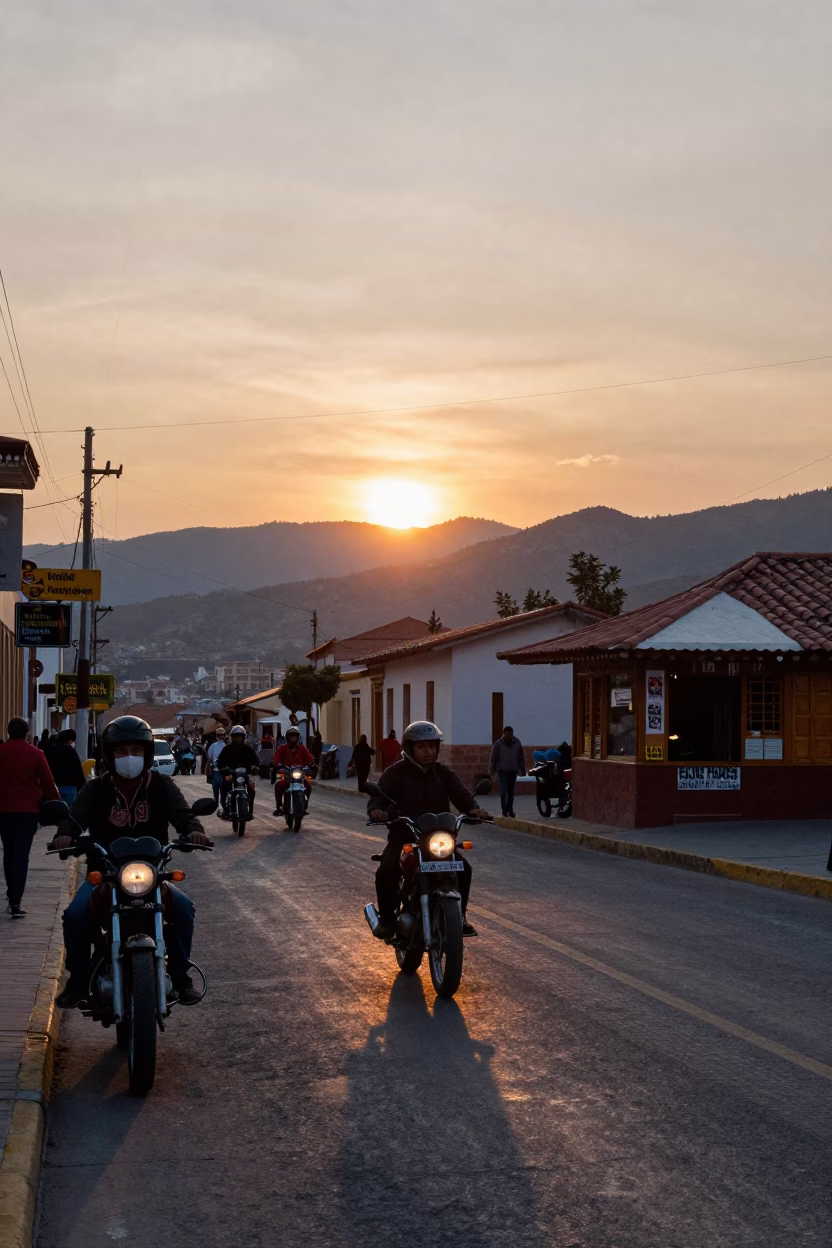Busy La Paz Bolivia Street Scene at Sunset with Motorcycle and Local Life in in La Paz, Bolivia