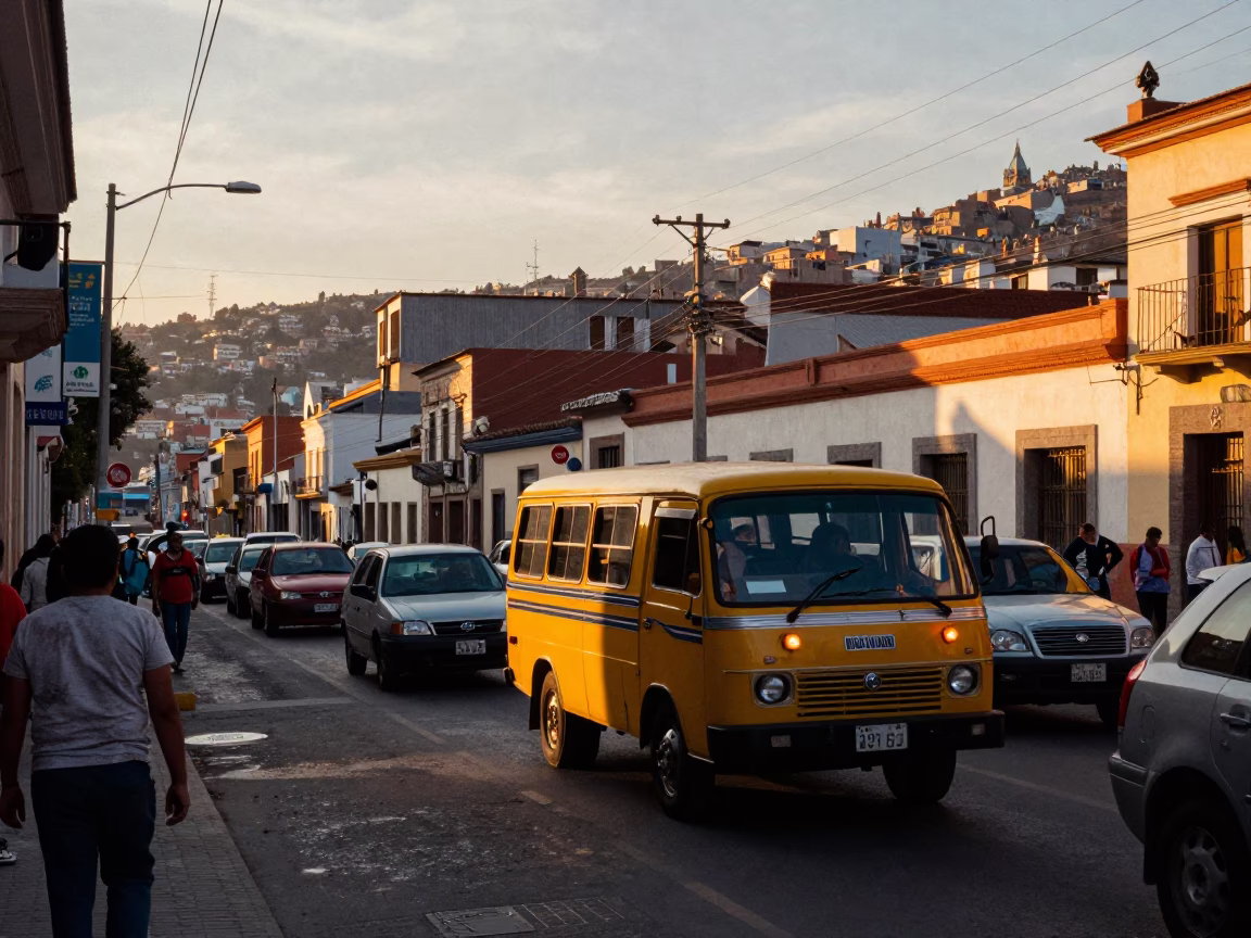 Busy La Paz Bolivia Street Scene at Sunset with Urban Infrastructure and Local Life in in La Paz, Bolivia