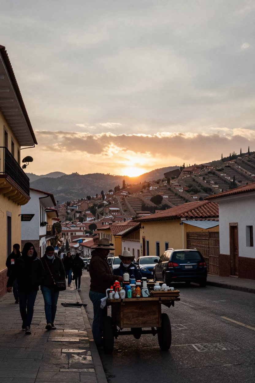 Busy La Paz Bolivia Street Scene at Sunset with Vintage Bakelite Telephone in in La Paz, Bolivia