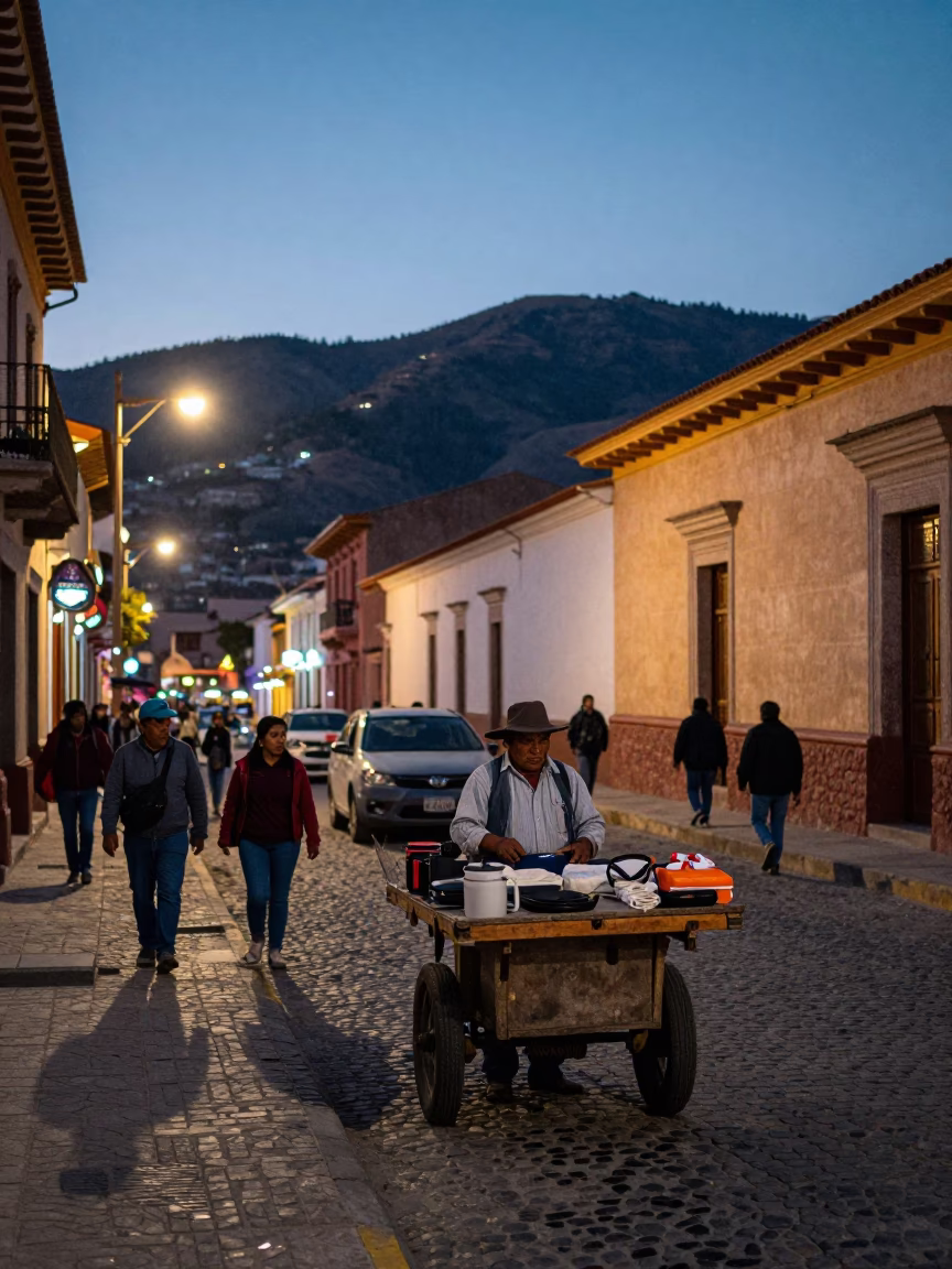 Busy La Paz Bolivia street scene at twilight with locals and traditional items in in La Paz, Bolivia