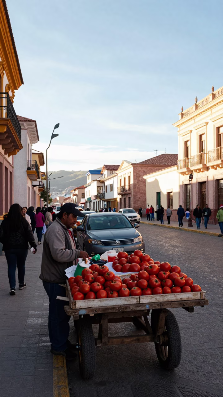 Busy La Paz Bolivia Street Scene Early Afternoon with Local Commerce and Urban Life in in La Paz, Bolivia