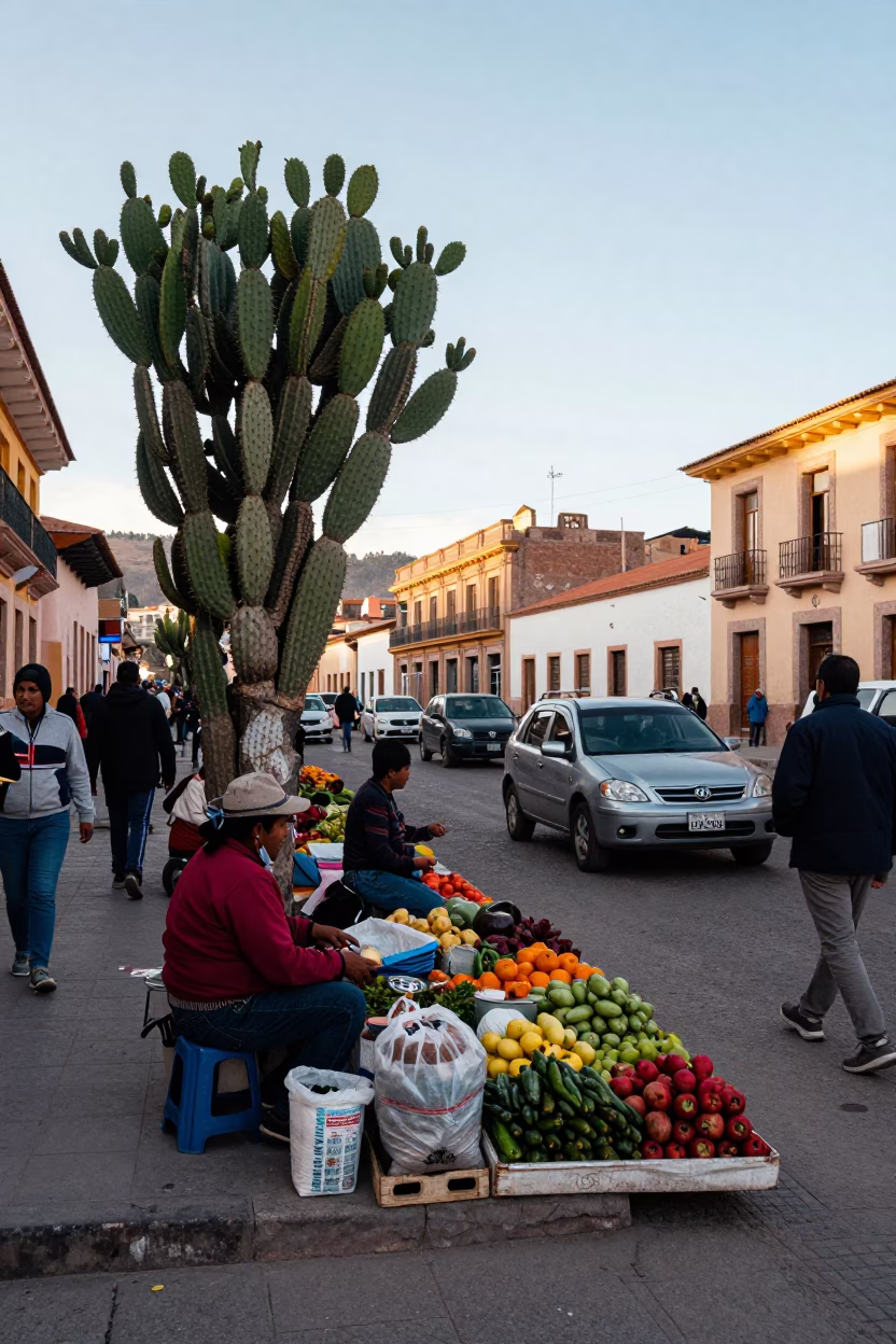 Busy La Paz Bolivia Street Scene Early Afternoon with Prickly Pear Cactus and Sunlight in in La Paz, Bolivia