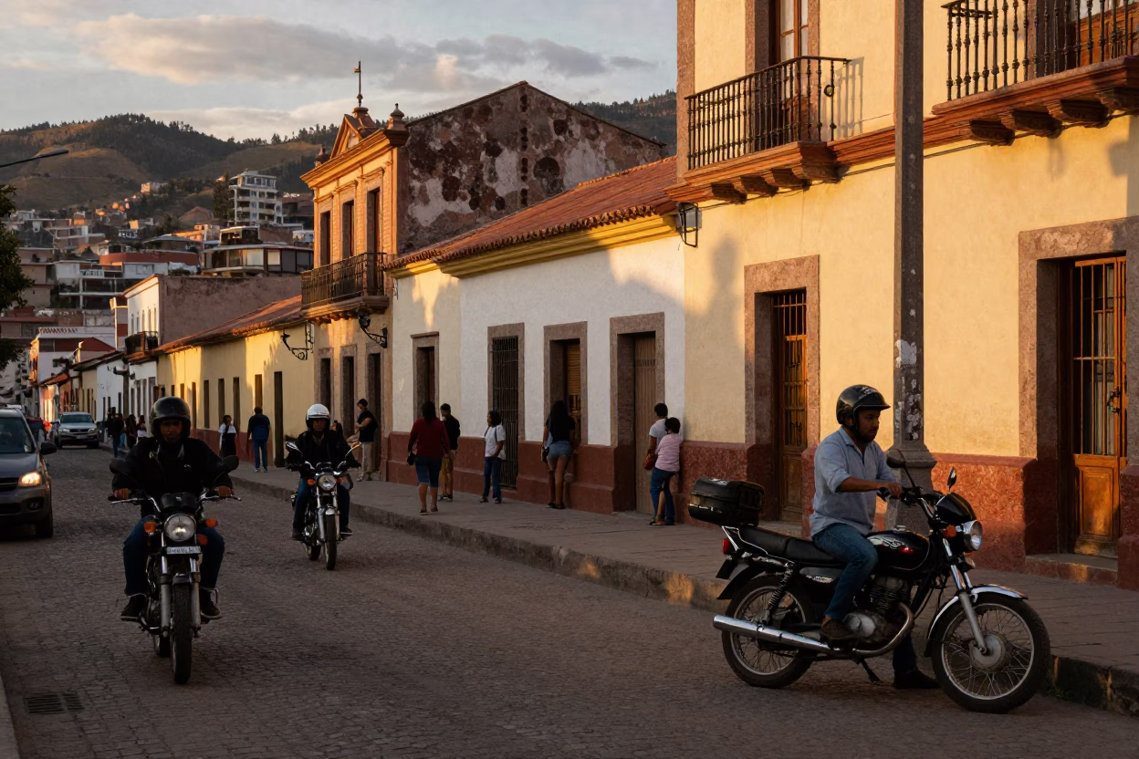 Busy La Paz Bolivia Street Scene Honeyed Evening Light Motorcycle and Local Commerce in in La Paz, Bolivia