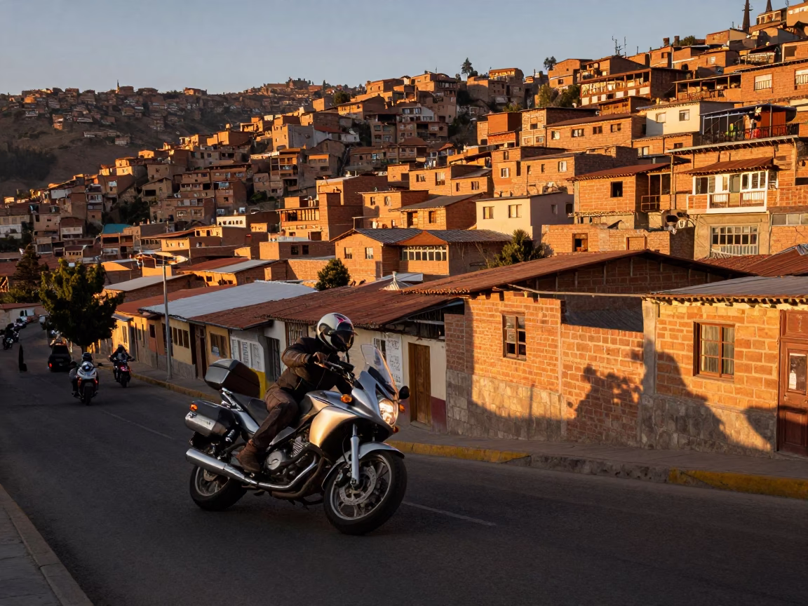 Busy La Paz Bolivia Street Scene Honeyed Evening Light Motorcycle Switchback in in La Paz, Bolivia