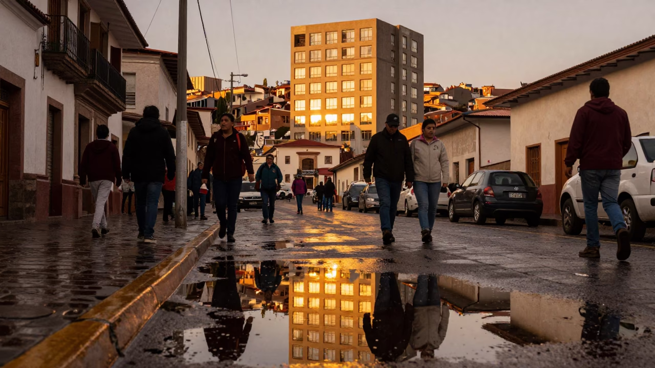 Busy La Paz Bolivia Street Scene Honeyed Evening Light Puddle Reflections Hotel Windows in in La Paz, Bolivia