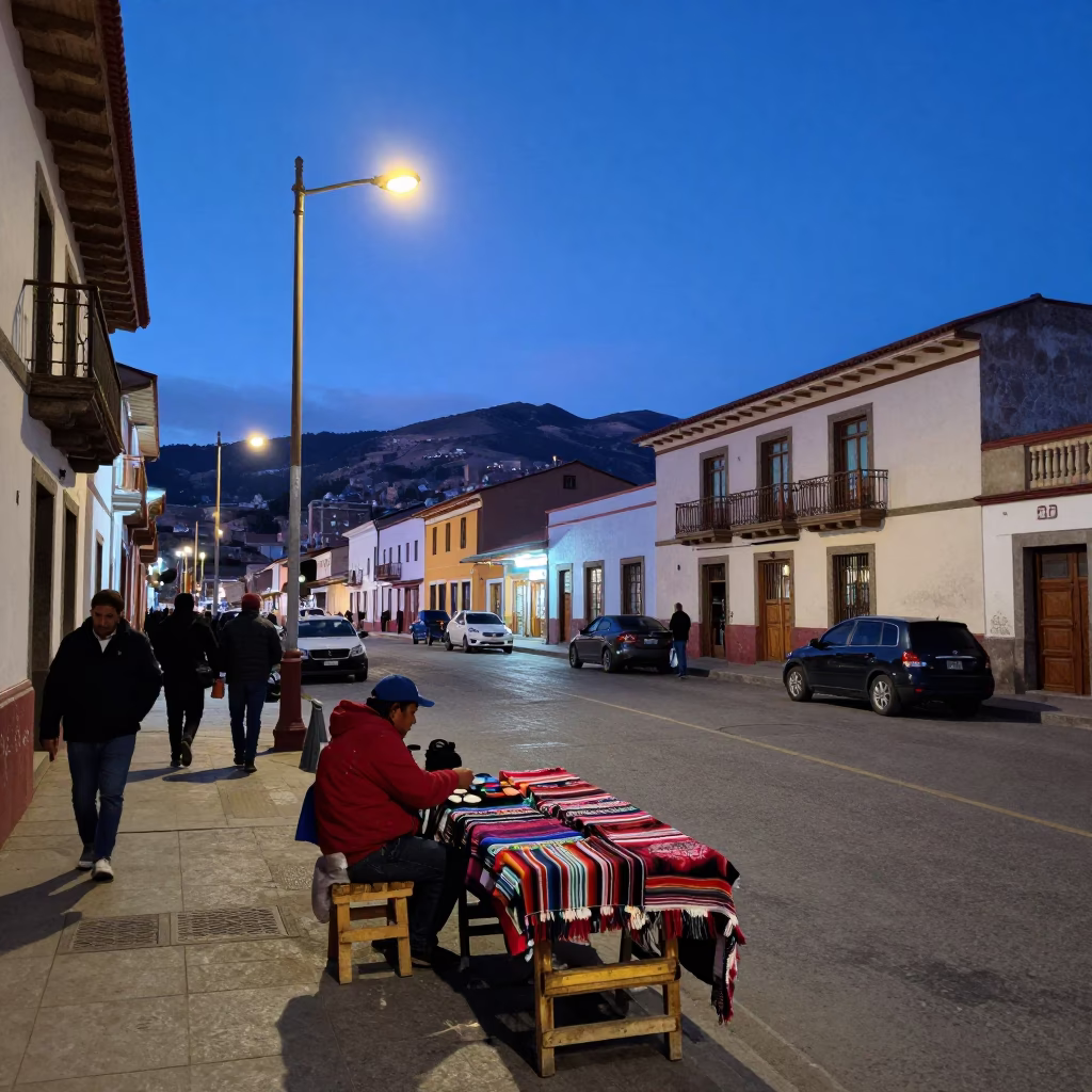 Busy La Paz Bolivia Street Scene in Indigo Twilight with Local Vendors and Traffic in in La Paz, Bolivia
