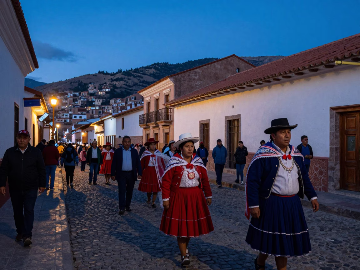 Busy La Paz Bolivia Street Scene in Indigo Twilight with Traditional Wedding Procession in in La Paz, Bolivia