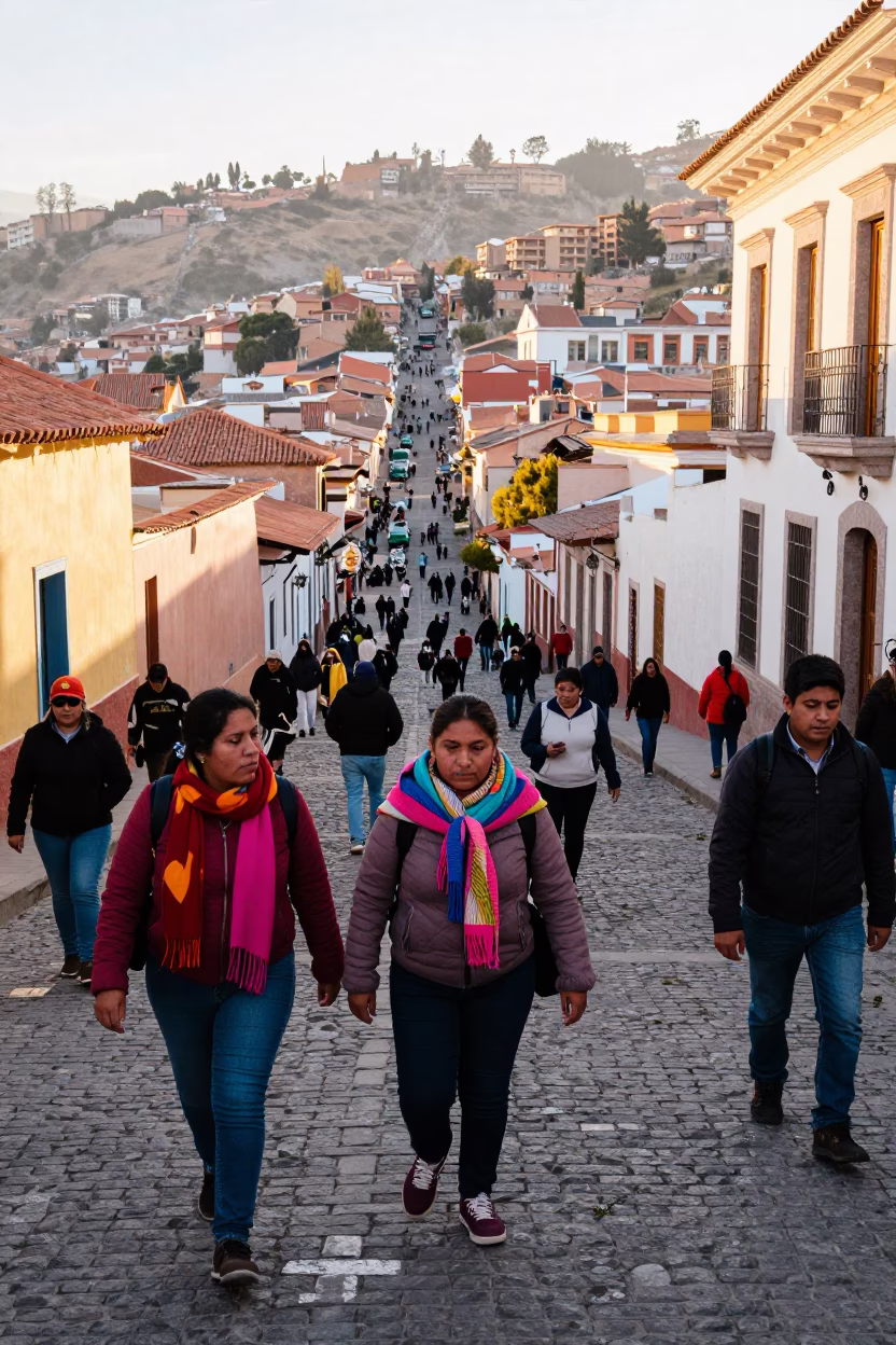 Busy La Paz Bolivia Street Scene Just After Sunrise with Wool Scarves and Sunlight in in La Paz, Bolivia