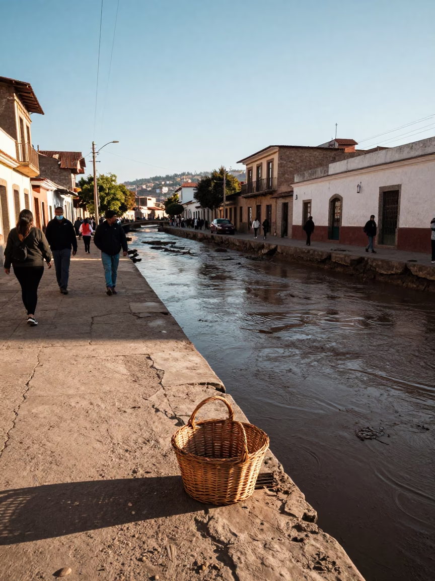 Busy La Paz Bolivia Street Scene Late Afternoon Light Muddy Canal Drain in in La Paz, Bolivia