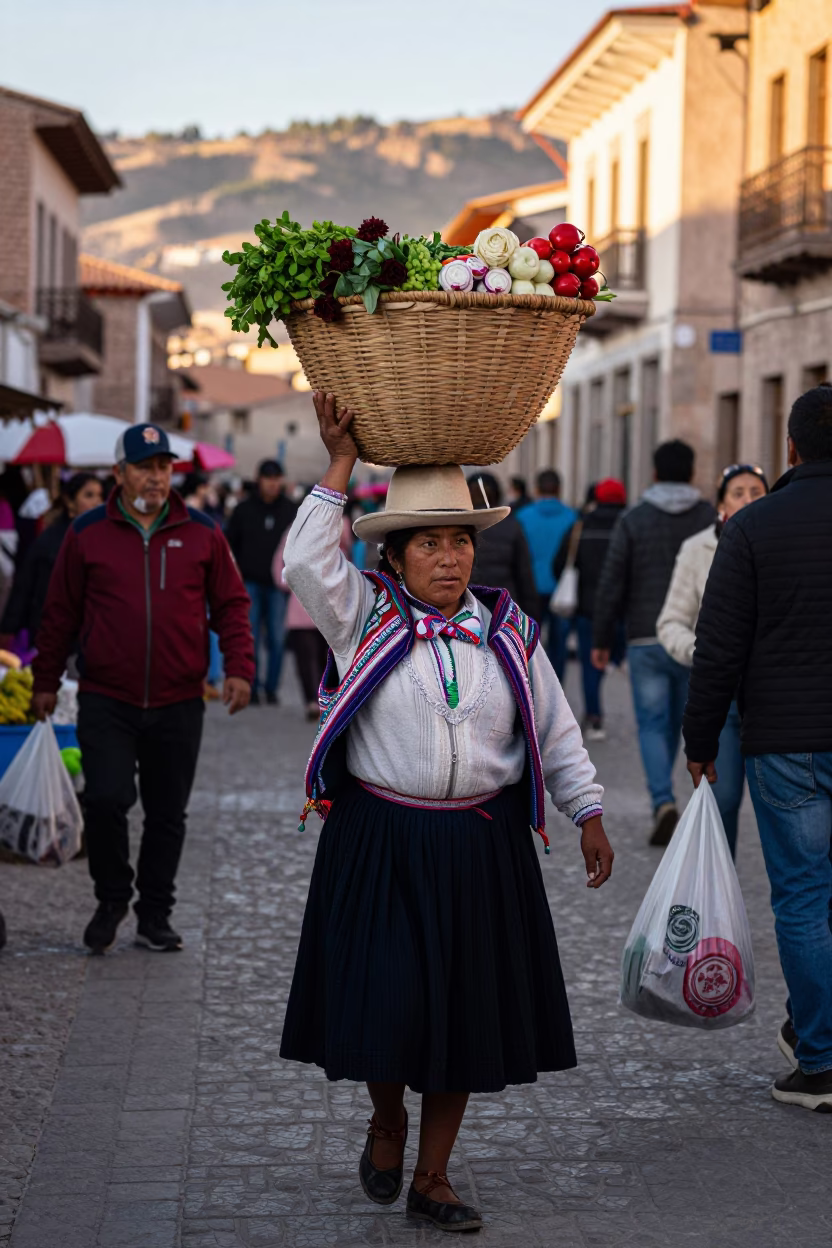 Busy La Paz Bolivia Street Scene Late Afternoon Market Woman Balancing Basket on Head in in La Paz, Bolivia