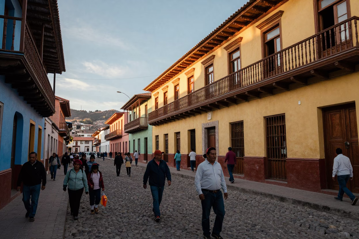 Busy La Paz Bolivia Street Scene Late Afternoon with Vintage 1980s Aesthetic in in La Paz, Bolivia