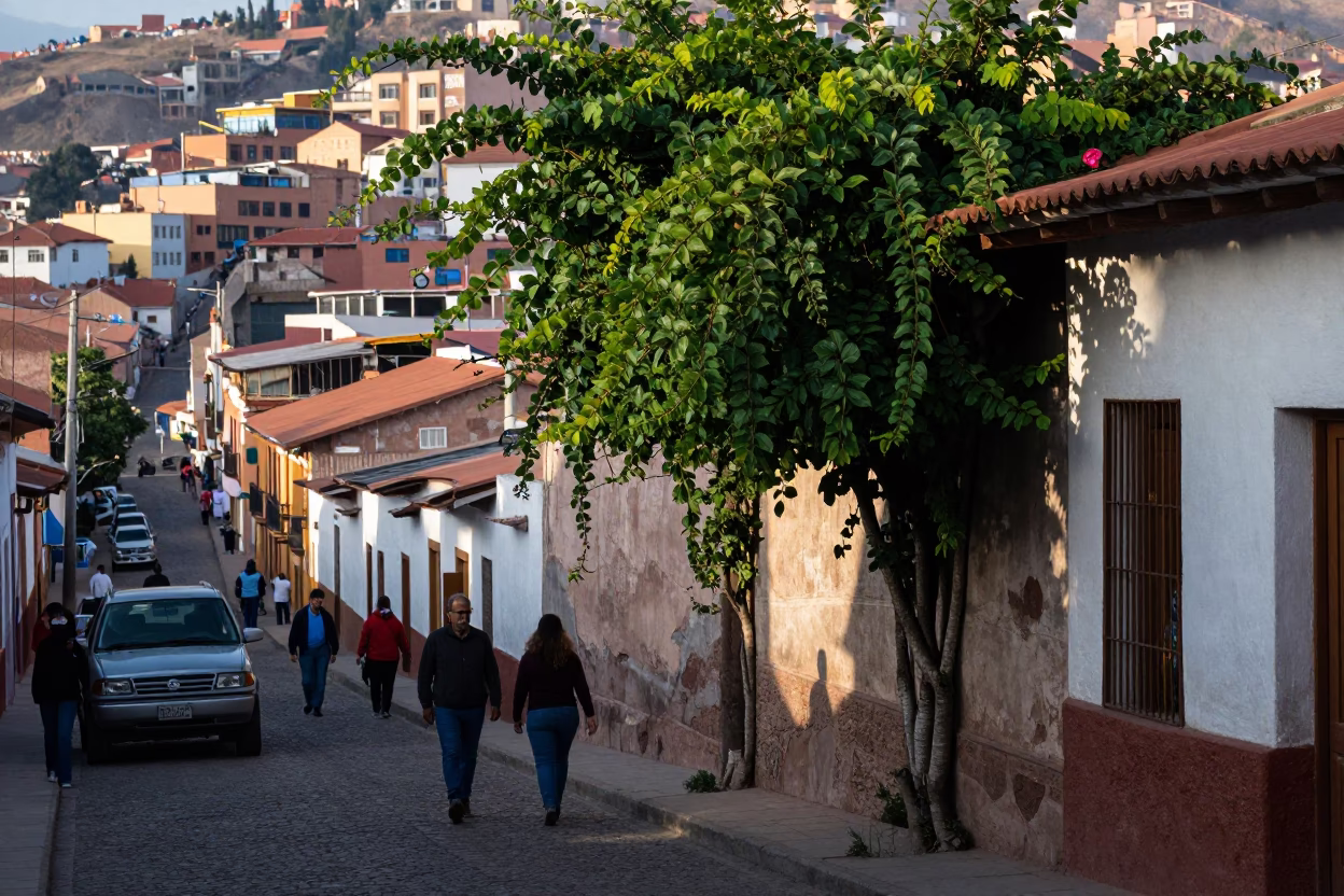Busy La Paz Bolivia Street Scene Late Morning with Vine and Local Market Activity in in La Paz, Bolivia