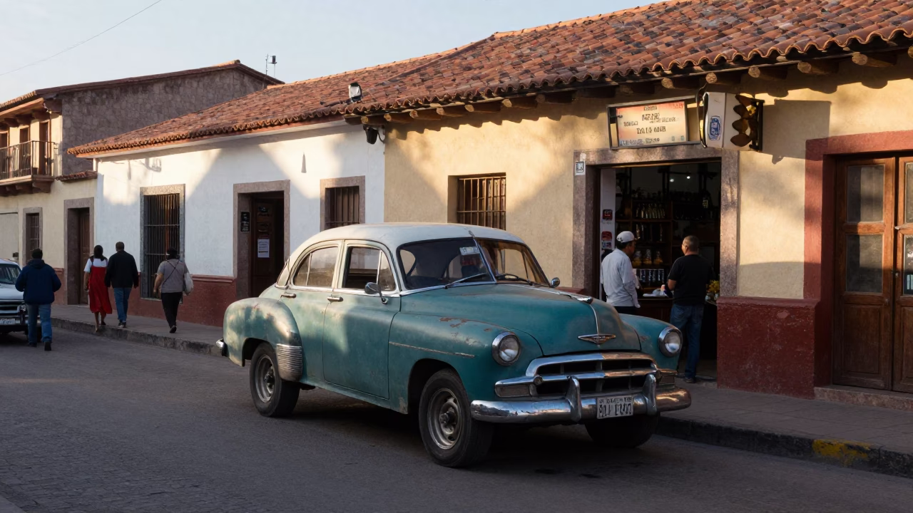 Busy La Paz Bolivia Street Scene Late Morning with Vintage Car and Coffee Tin in in La Paz, Bolivia