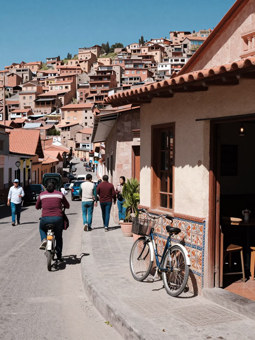 Busy La Paz Bolivia Street Scene Midday with Bicycle and Terracotta Bowls in in La Paz, Bolivia
