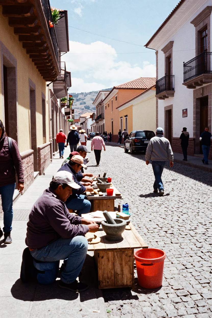 Busy La Paz Bolivia Street Scene Midday with Mortar and Pestle in in La Paz, Bolivia