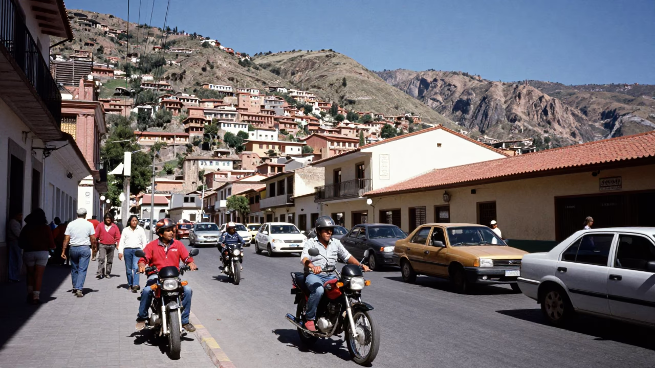 Busy La Paz Bolivia Street Scene Midday with Motorcycle and Urban Life in in La Paz, Bolivia