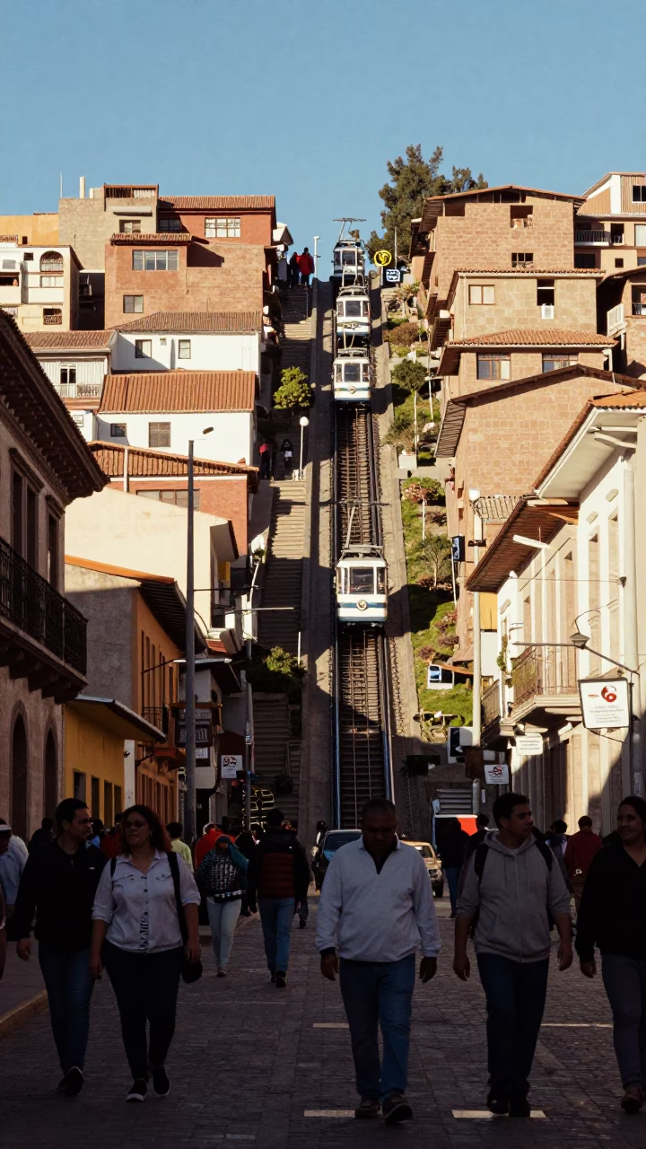 Busy La Paz Bolivia Street Scene with Funicular and Chai in Late Afternoon Light in in La Paz, Bolivia