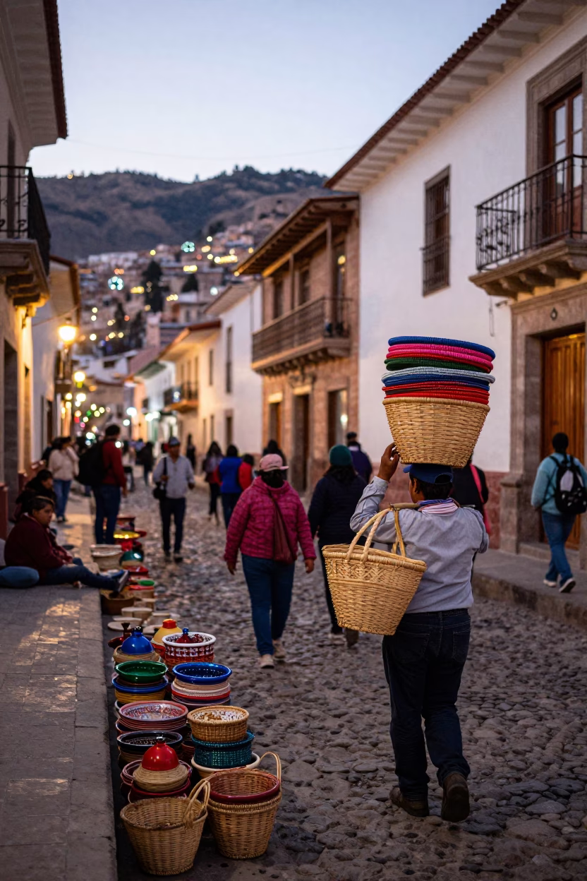 Busy La Paz Bolivia street scene with woven baskets and enamel bowls at dusk in in La Paz, Bolivia