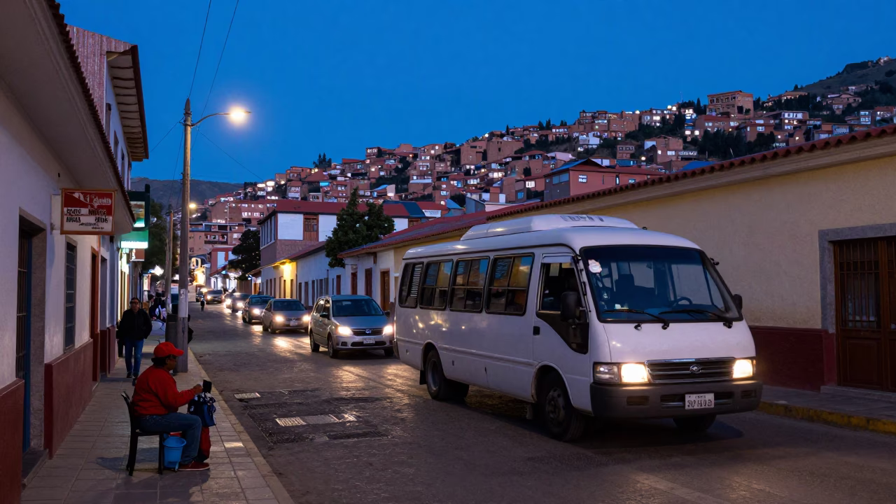 Busy La Paz Evening Street Scene with Minibus and Local Commerce in in La Paz, Bolivia