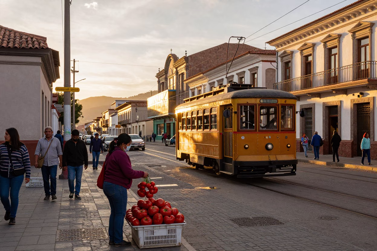 Busy La Paz Street Scene at Golden Hour with Tomatoes and Heritage Tram in in La Paz, Bolivia