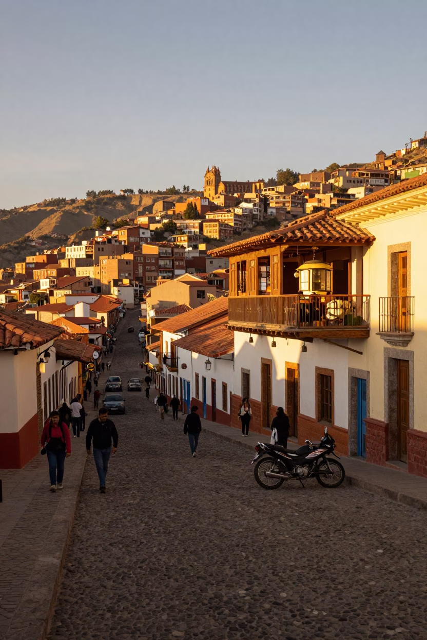 Busy La Paz Street Scene in Honeyed Evening Light with Motorcycle and Mountain Teahouse in in La Paz, Bolivia