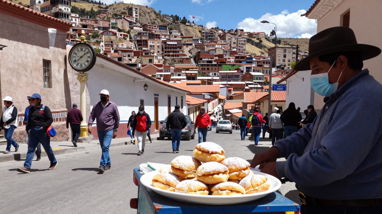 Busy La Paz Street Scene with Chess Clock and Alfajores Plate in in La Paz, Bolivia