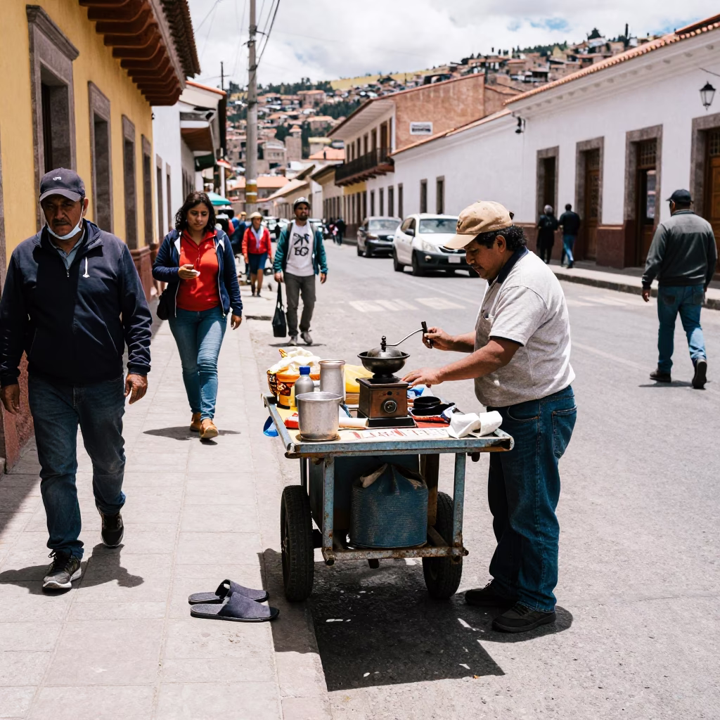 Busy La Paz Street Scene with Coffee Grinder and Slippers at Midday in in La Paz, Bolivia