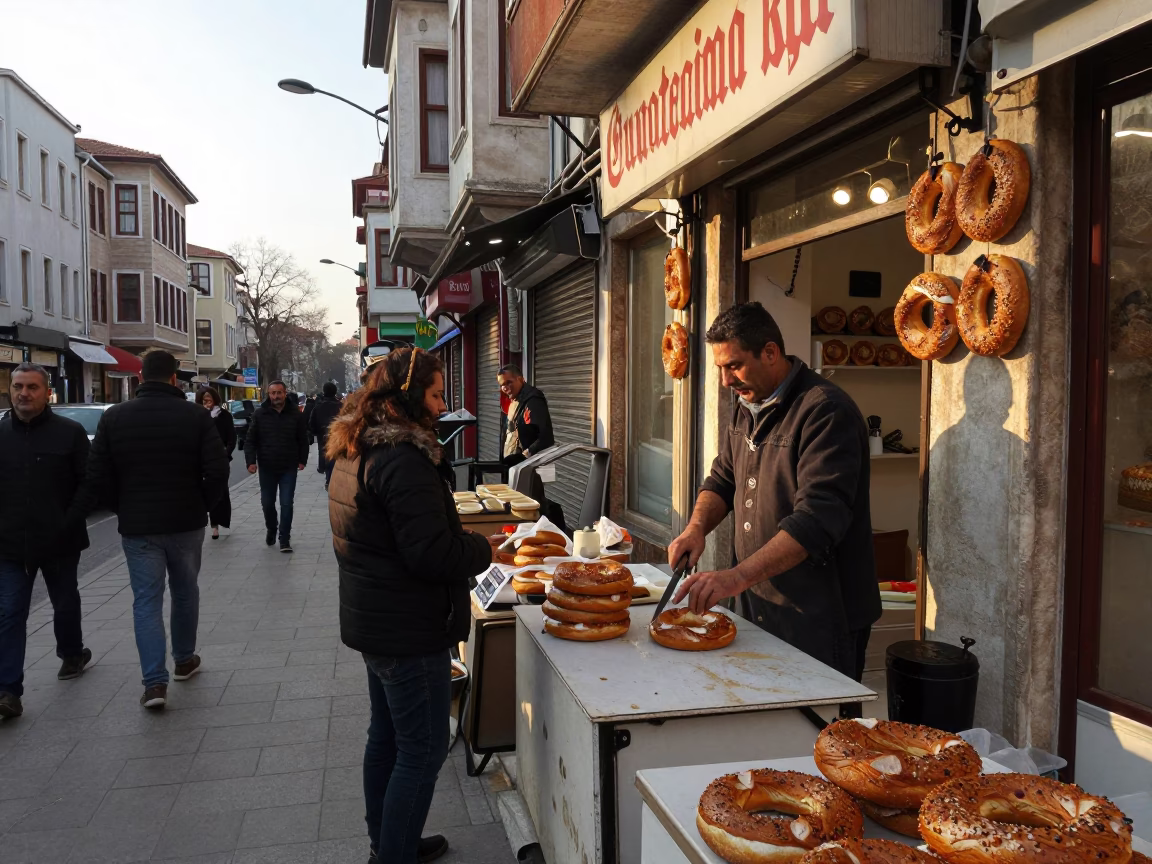 Busy Late Afternoon Istanbul Street Scene with Shopkeeper and Bread Knife in in Istanbul, Turkey