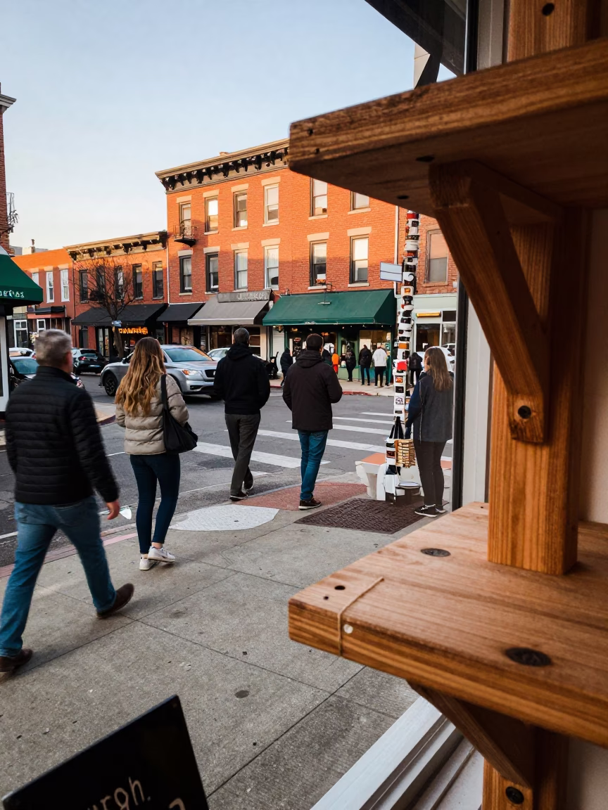 Busy Late Afternoon Philadelphia Street Scene with Local Shop Display and Pedestrians in in Philadelphia, Pennsylvania, United States