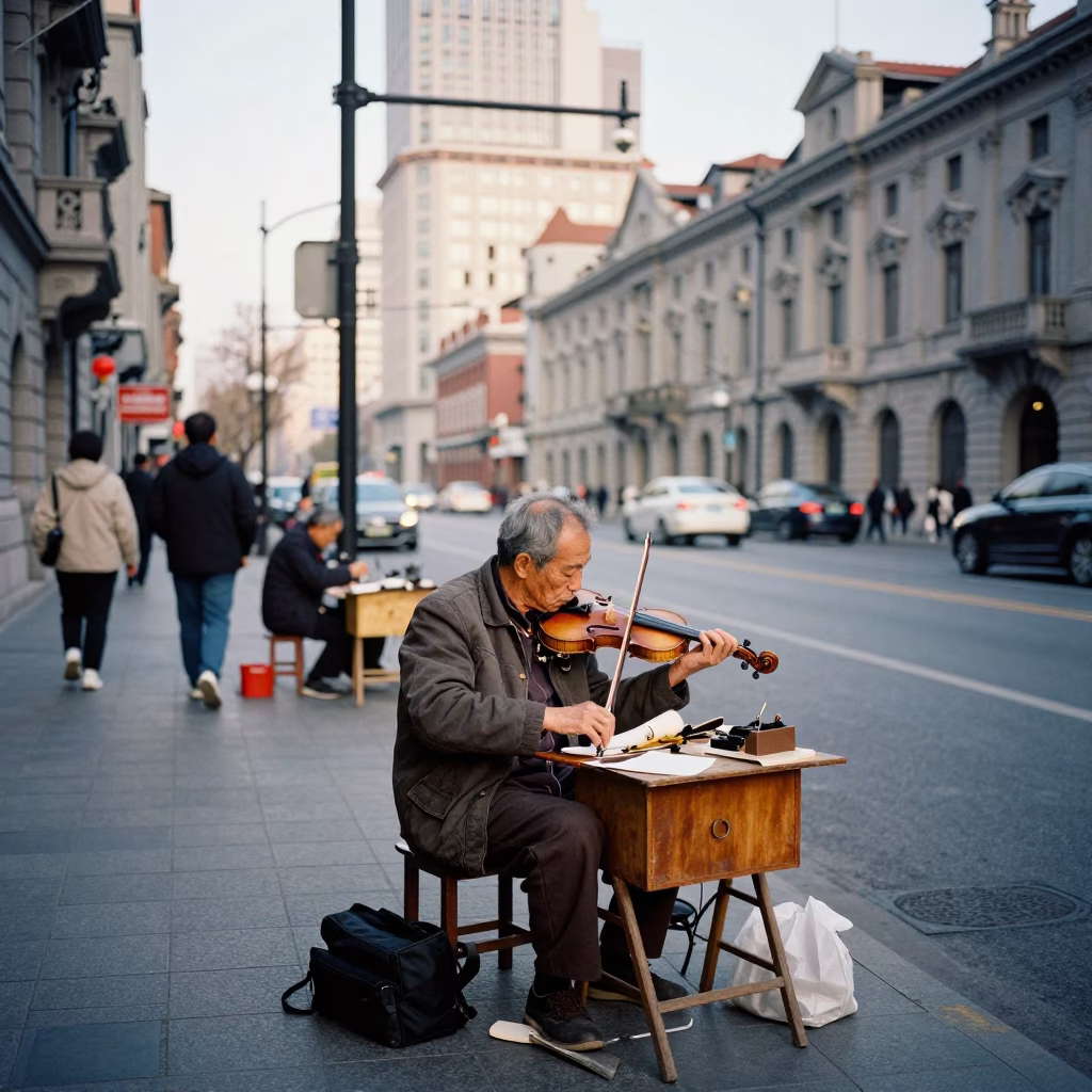 Busy Late Afternoon Shanghai Street Scene with Elderly Violin Maker and Porcelain Jar in in Shanghai, China