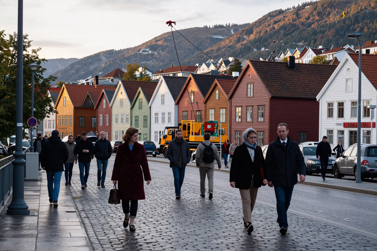 Busy Late Afternoon Street Scene in Bergen Norway with Bridge Maintenance Cage in in Bergen, Norway