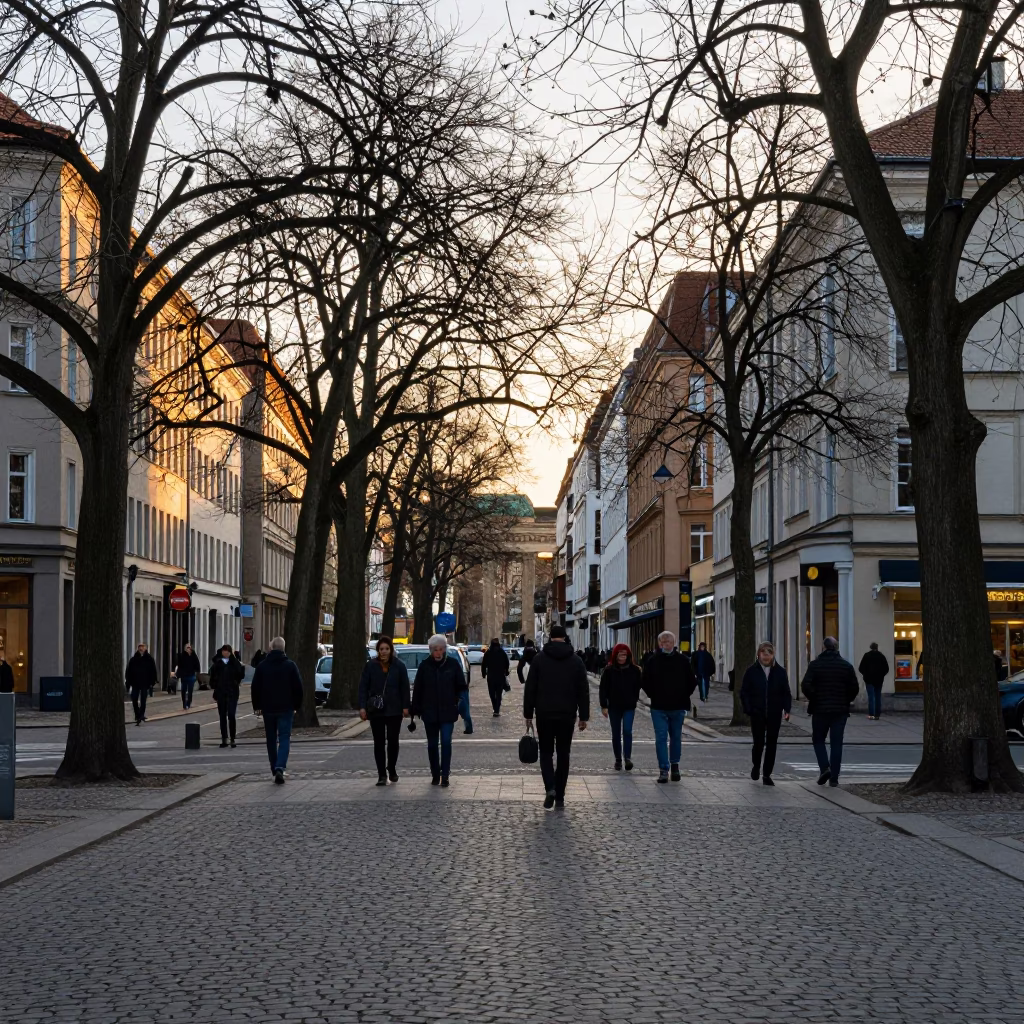 Busy Late Afternoon Street Scene in Berlin Germany with Cobblestones and Urban Life in in Berlin, Germany