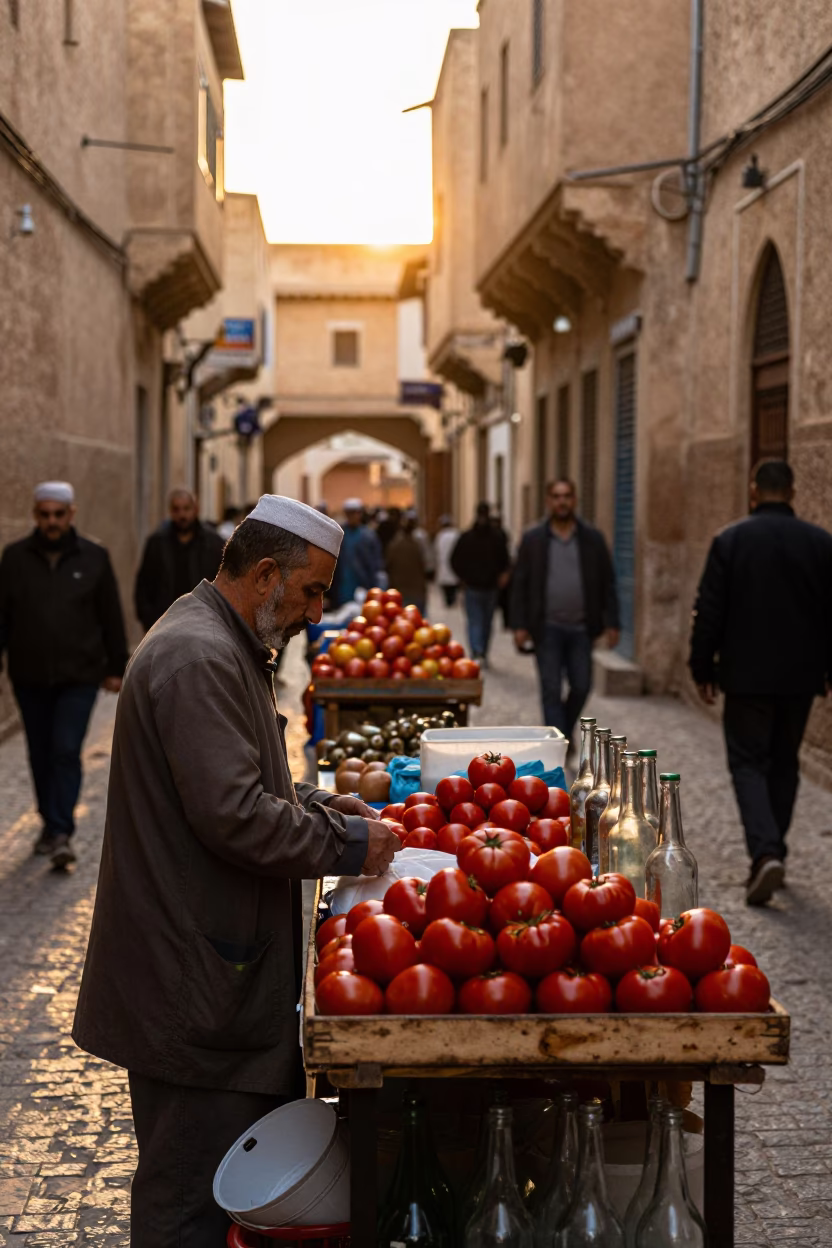 Busy Late Afternoon Street Scene in Fez Morocco with Glass Bottles and Tomatoes in in Fez, Morocco
