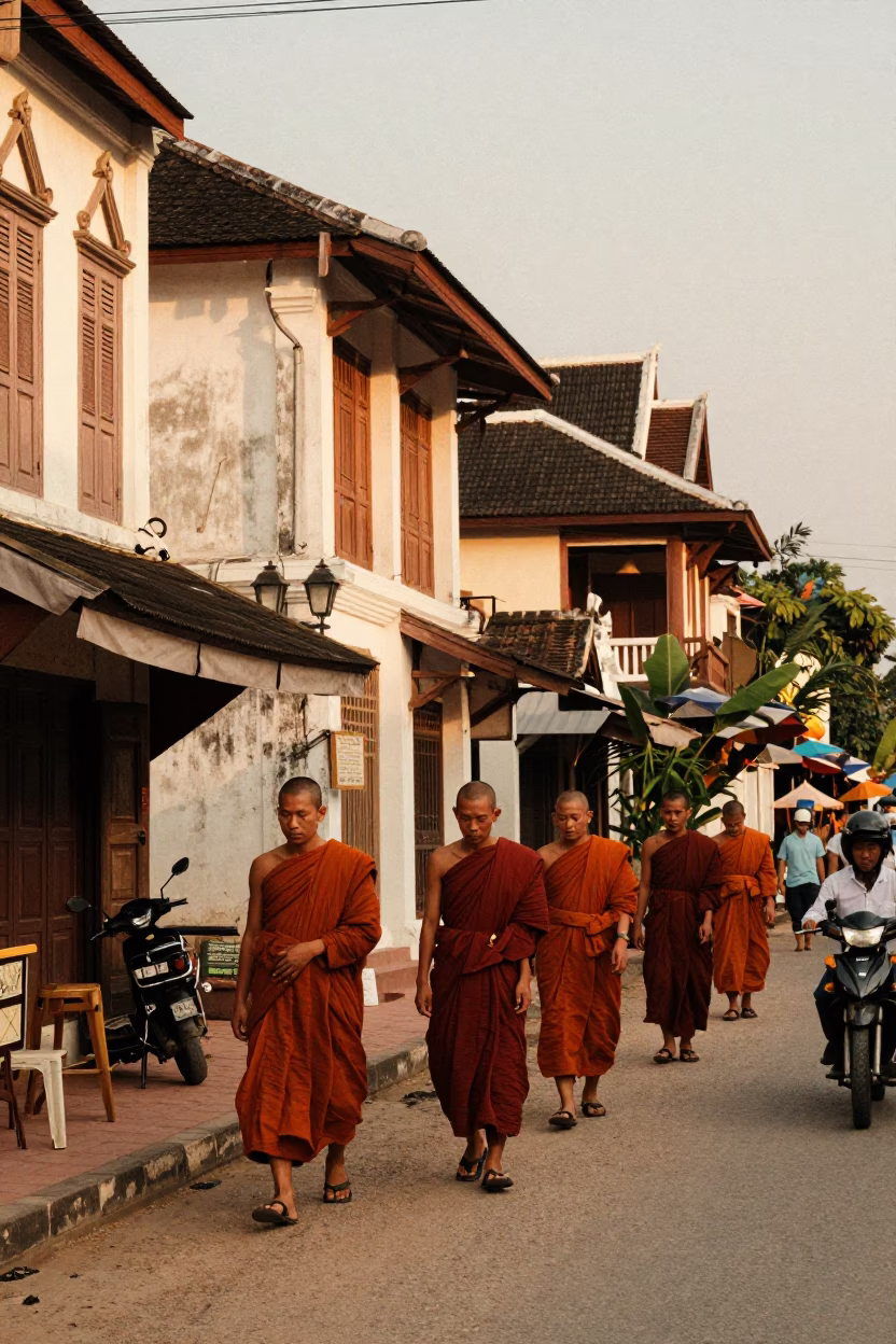 Busy Late Afternoon Street Scene in Luang Prabang Laos with Monks and Traffic in in Luang Prabang, Laos