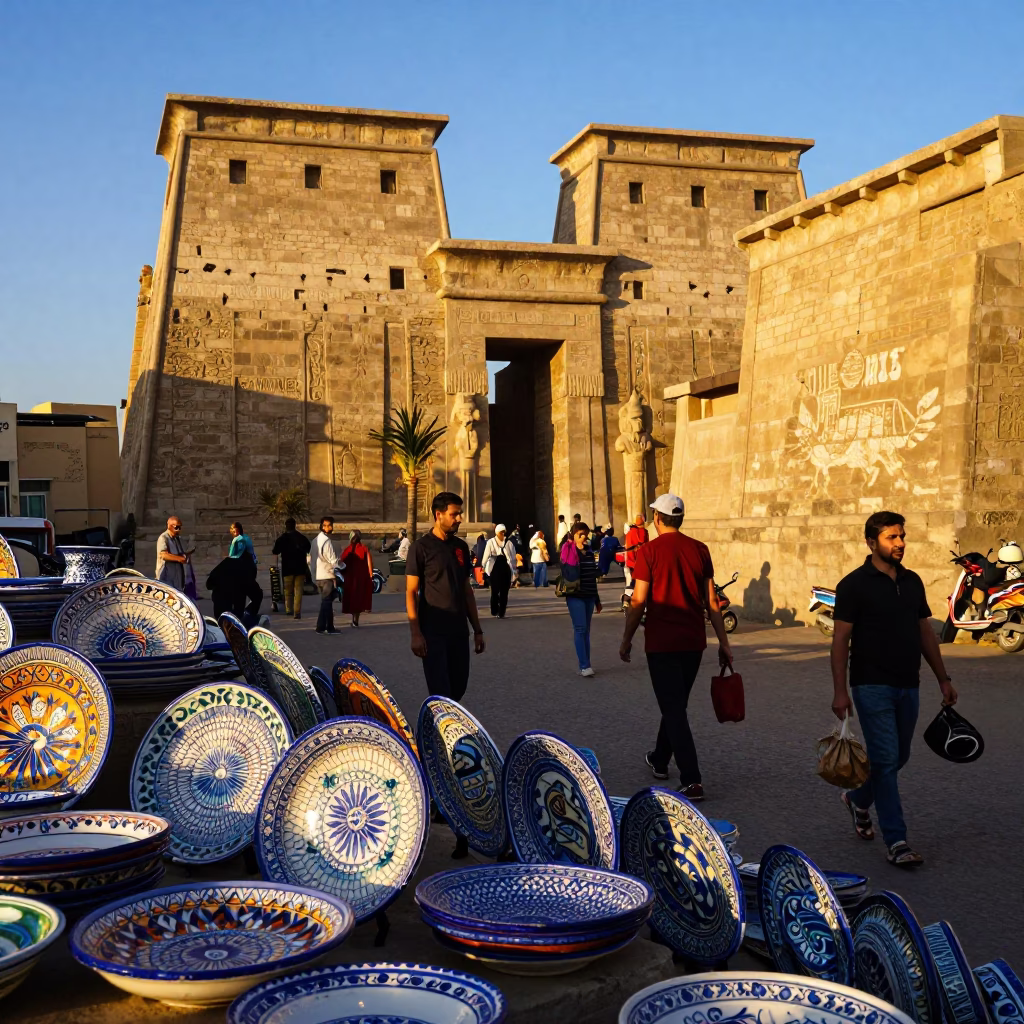Busy Late Afternoon Street Scene in Luxor Egypt with Majolica Plates and Porcelain Jar in in Luxor, Egypt