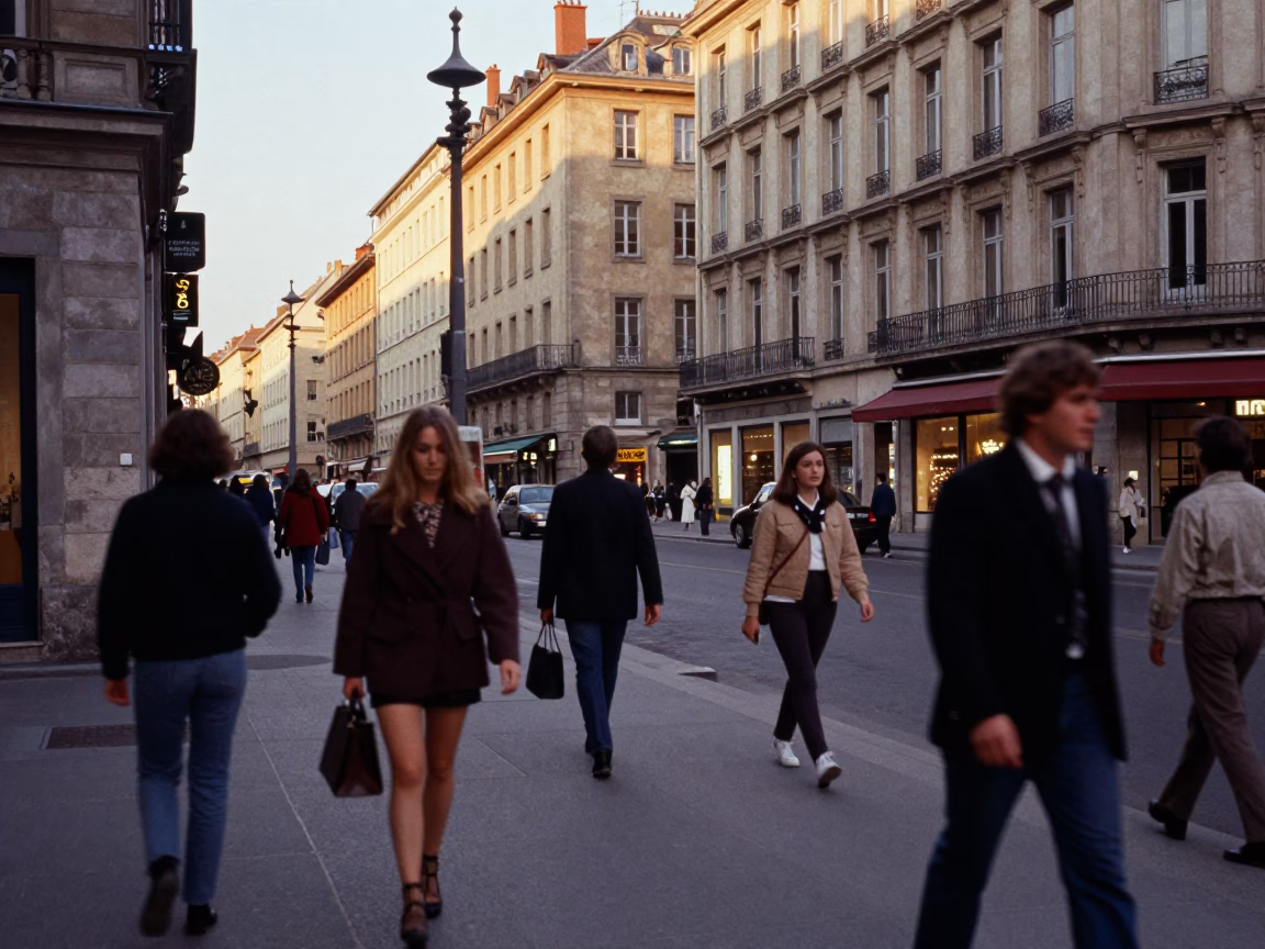 Busy Late Afternoon Street Scene in Lyon France with Pedestrians and Urban Details in in Lyon, France