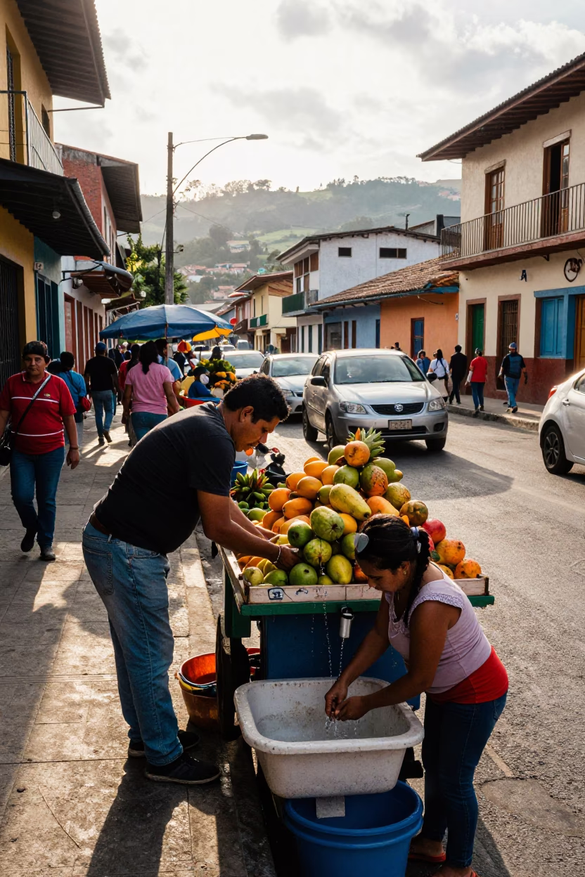Busy Late Afternoon Street Scene in Medellin Colombia with Local Market Activity in in Medellin, Colombia
