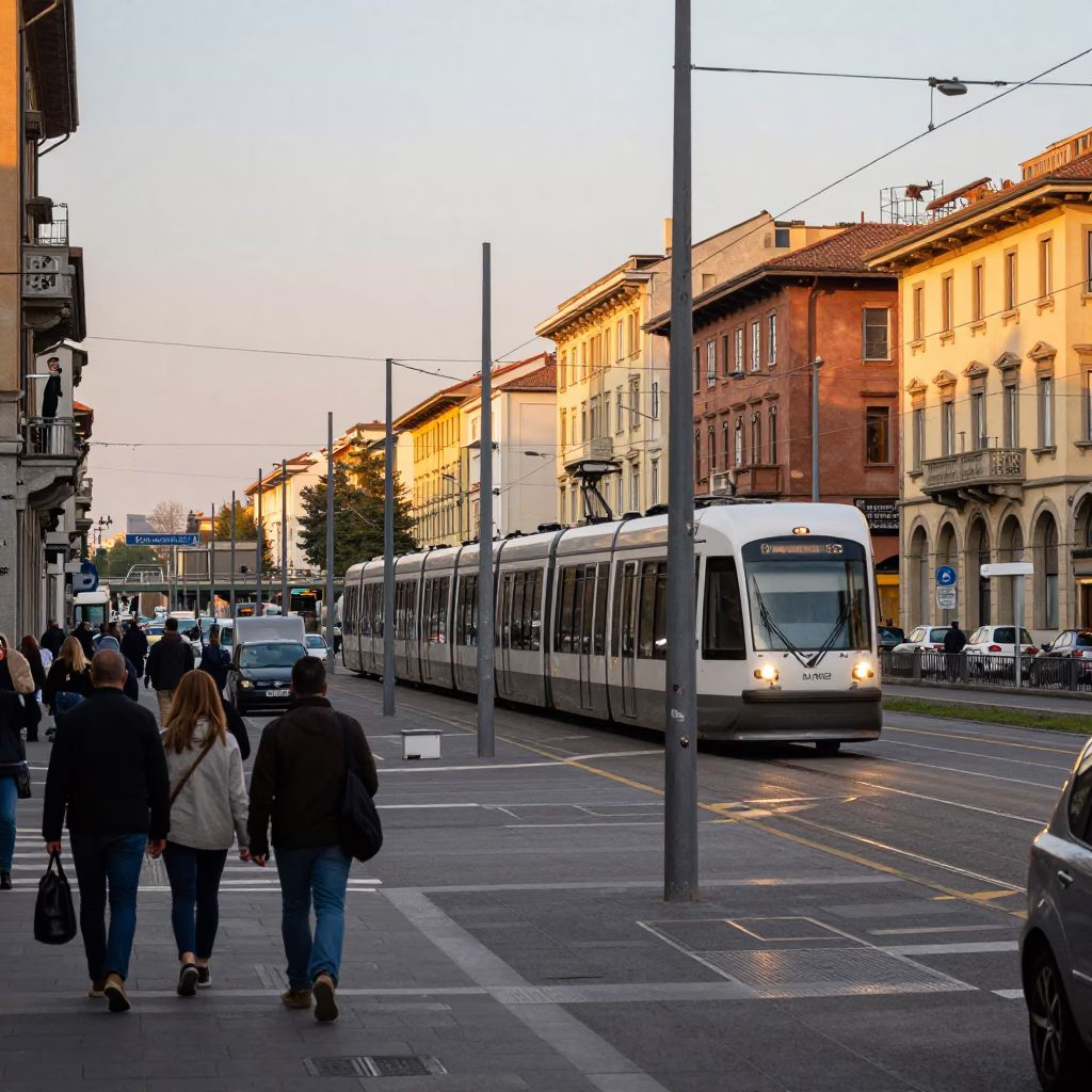 Busy Late Afternoon Street Scene in Milan Italy with Monorail and Local Life in in Milan, Italy