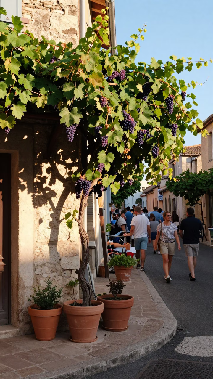 Busy Late Afternoon Street Scene in Nice France with Grapevines and Terracotta Pots in in Nice, France