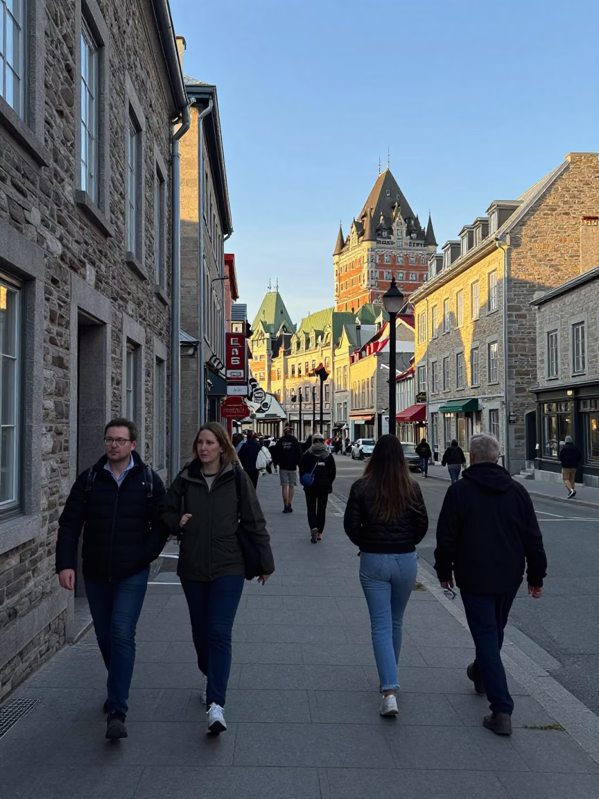 Busy Late Afternoon Street Scene in Quebec City Old Town with Historic Stone Architecture in in Quebec City, Quebec, Canada