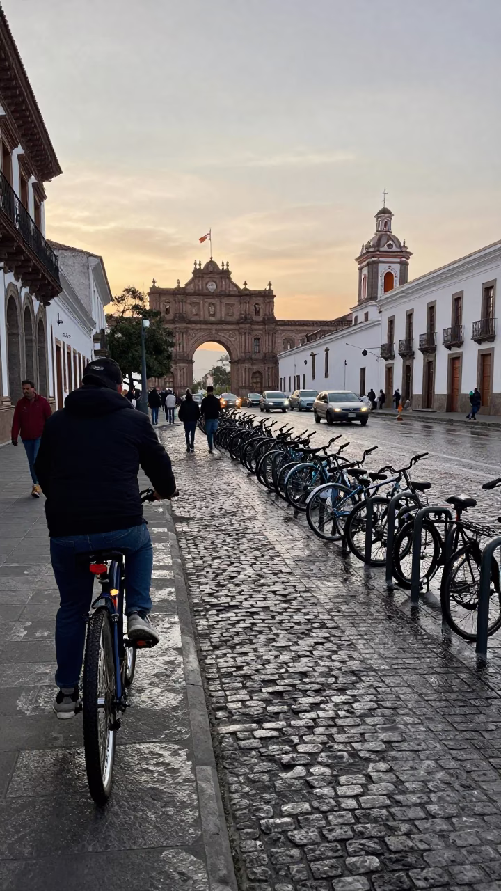 Busy Late Afternoon Street Scene in Quito Ecuador with Bicycle and Urban Details in in Quito, Ecuador