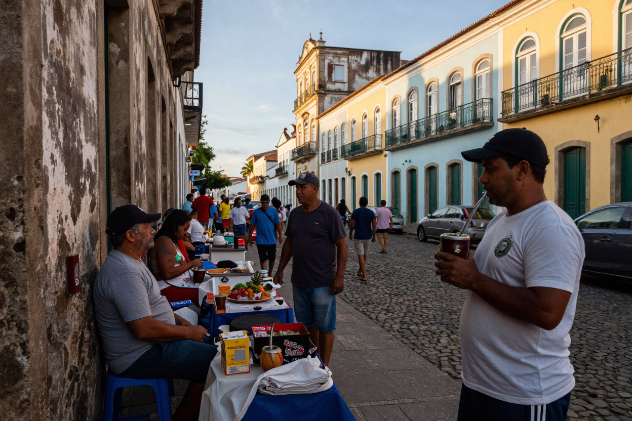 Busy Late Afternoon Street Scene in Salvador Brazil with Local Vendors and Colorful Architecture in in Salvador, Brazil